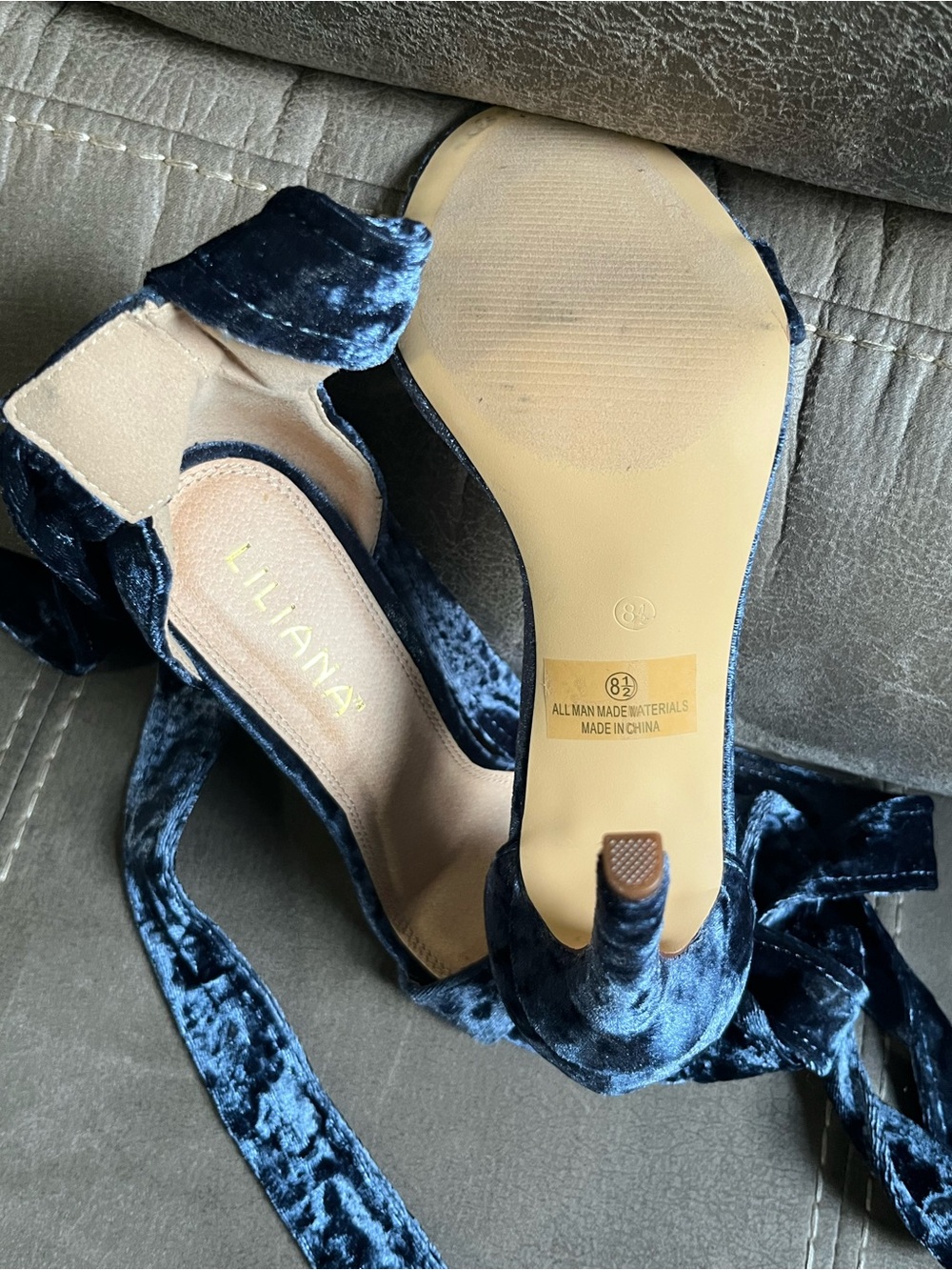 Liliana Blue Crushed Velvet Ankle Tie Stiletto Heels - Picture 2 of 3